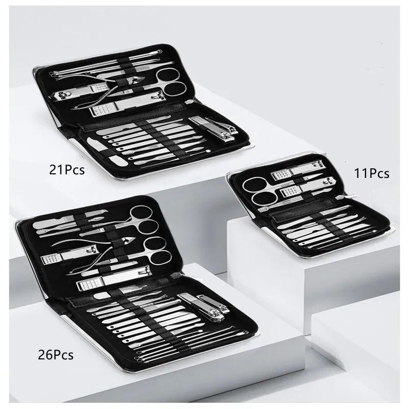 11-26 Pcs Manicure Set Stainless Steel Nail Clippers Cuticle Nipper Pedicure Care Tool Dead Skin Scissor Cleaning Grooming Kit