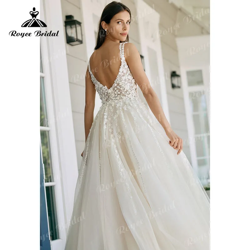 Robe mariage alças de espaguete vestido de casamento com decote em v sem costas 3d flor laço a linha praia vestidos de noiva