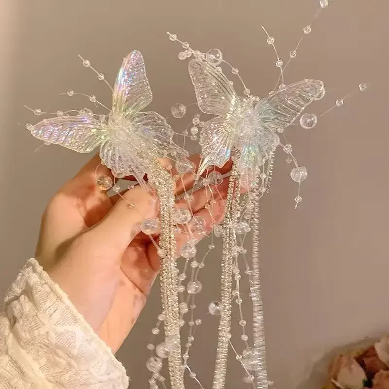Fee temperament lange vlinder haarclip - kralen kwastje ontwerp |   Zoete prinsesstijl, mode bruid haarspeldaccessoire