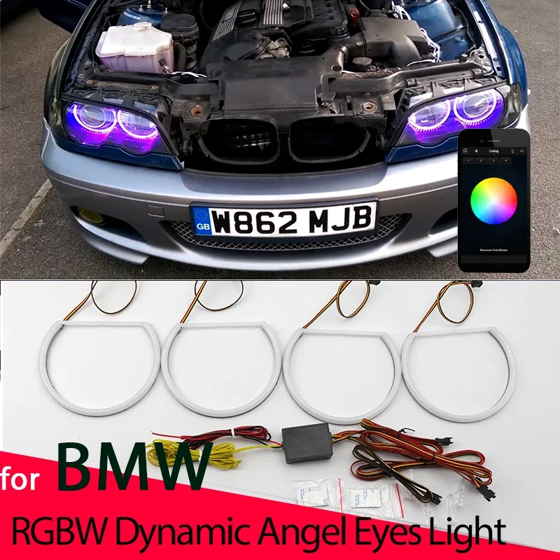 Dynamic RGBW multi-color Mobile Control LED Angel Eyes Bulb  Ring Lamp DRL for  BMW E46 1998-2002 Revolving Light Sequential