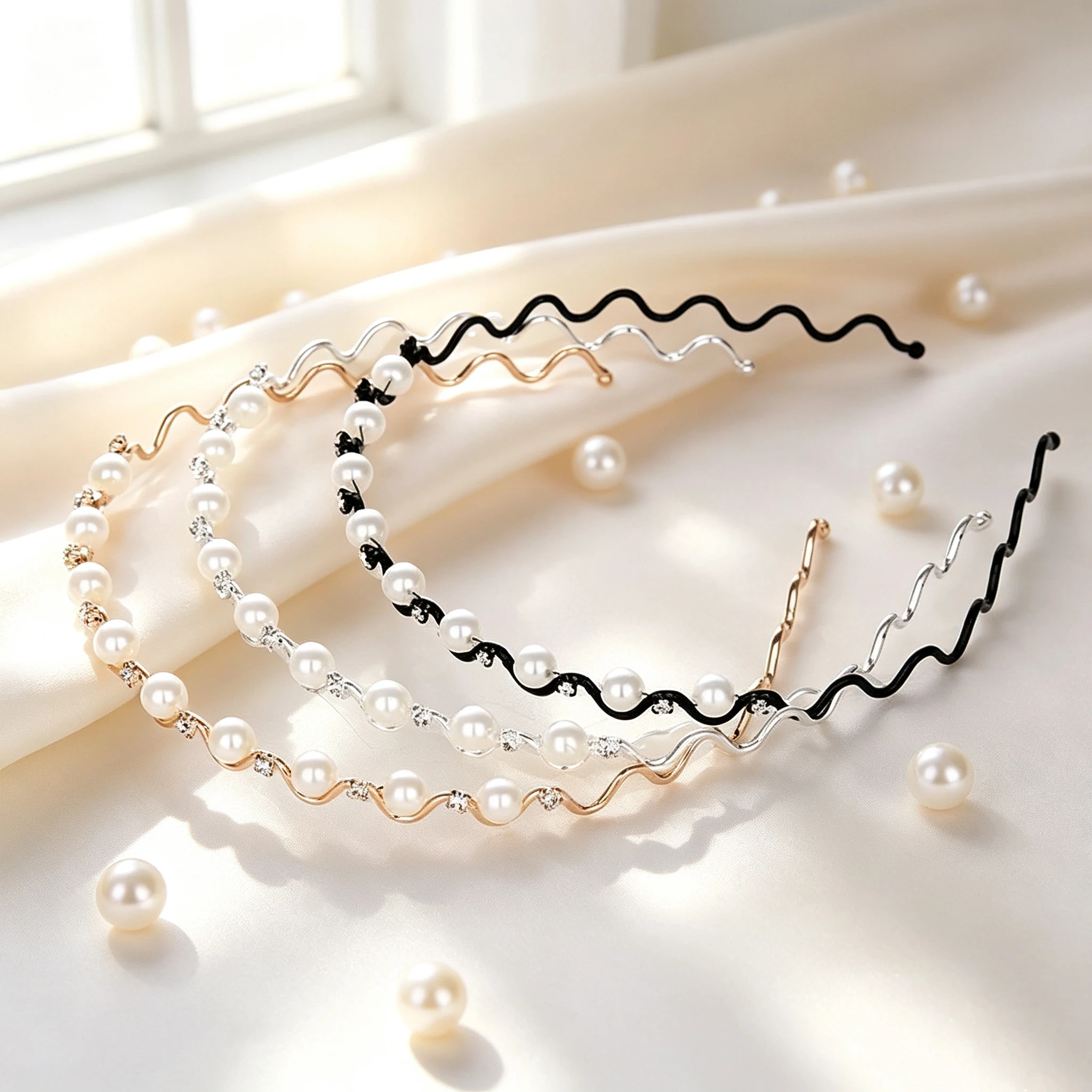 3 European and American Style Pearl and Rhinestone Headbands for Women, Multi-Color Wavy Metal Headbands, Simple Retro Daily Party Non-Slip Hair Accessories Set