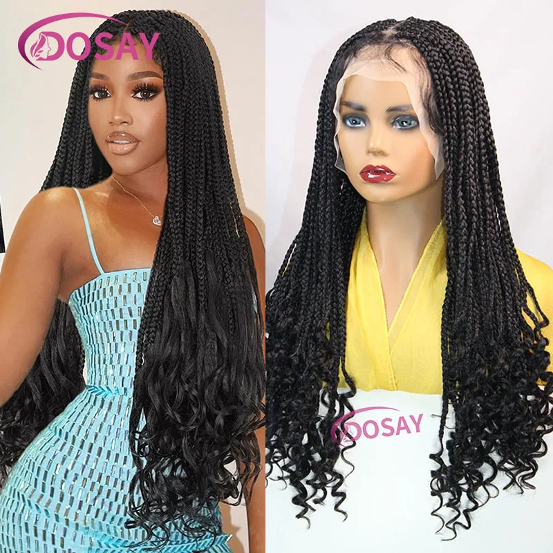 Wig Cornrow sintetis kepang kotak depan renda penuh untuk wanita warna hitam Wig Frontal renda kepang dengan rambut bayi berakhir 24 inci