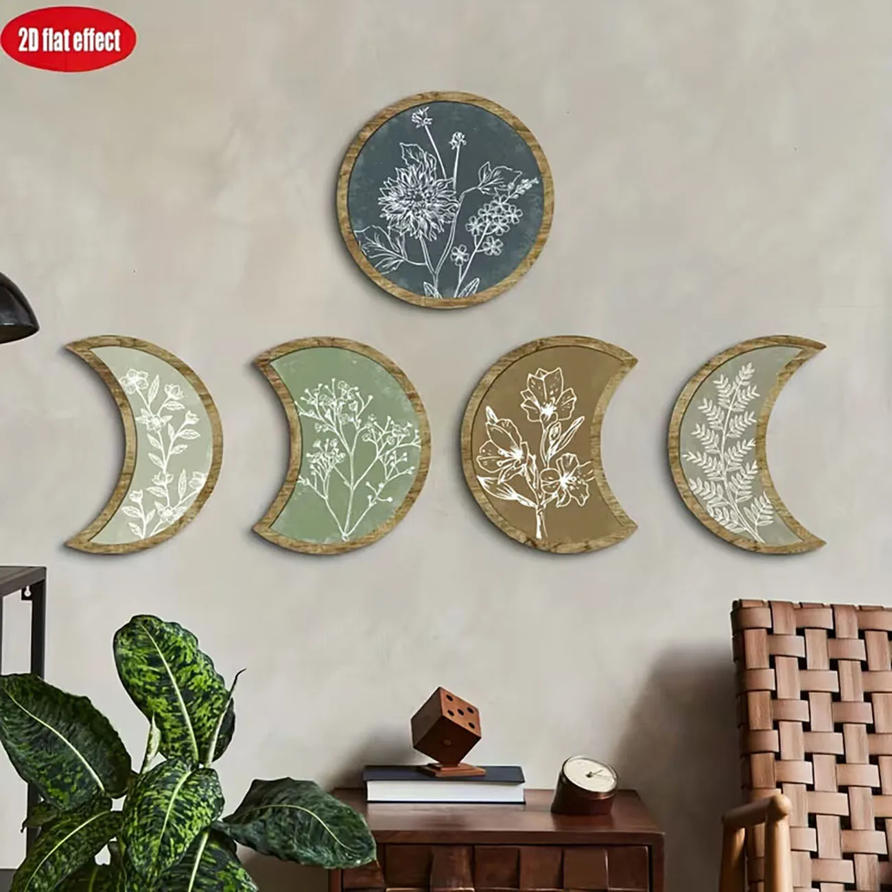 5 Pcs Moon Phase Wooden Wall Decor Botanical Floral Print Moon Wall Art Boho Wall Hanging For Bedroom Living Room Home Decor