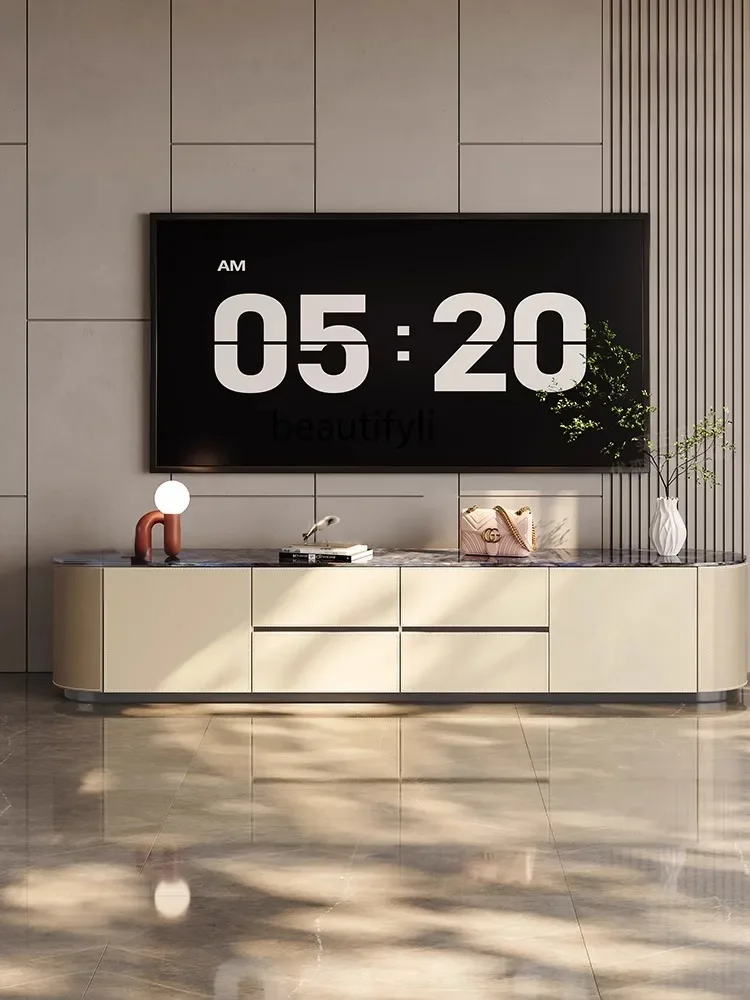

zxqLight Luxury Stone Plate Saddle Leather TV Cabinet Living Room Home Modern & Minimalism Floor Bedroom Small Apartment TV Stan
