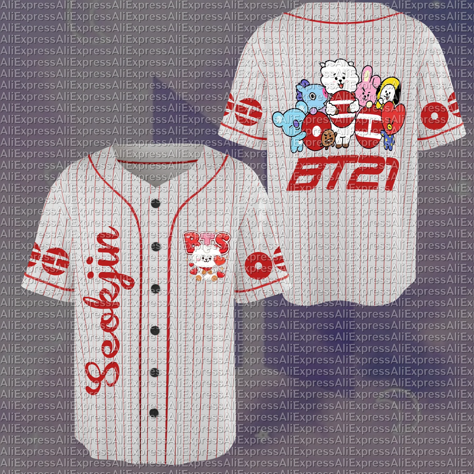 BTS BT21 Striped Baseball Jersey Men's and Women's Casual Button Down Short Sleeved Shirt Harajuku Streetwear ARMY Fans