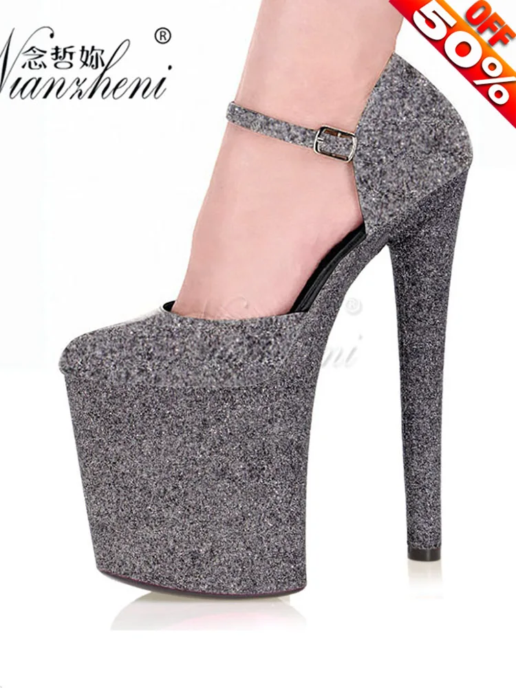 Flash Powder Bling Shallow Lady Pumps 8 Inches High Heeled Shoes Super Big Size 20CM Clubbing Stripper Sexy Fashion Concise Show