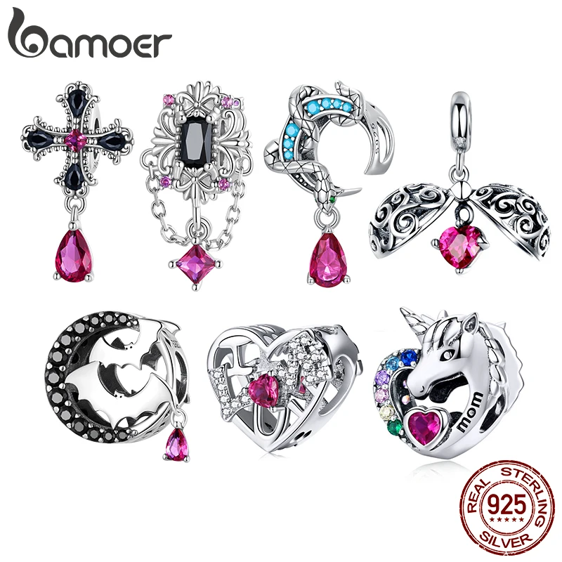 Bamoer 925 Sterling Silver Gothic Cross Charms fit for Women DIY Making Bracelet & Bangle Fine Jewelry Bat Bead Halloween Party