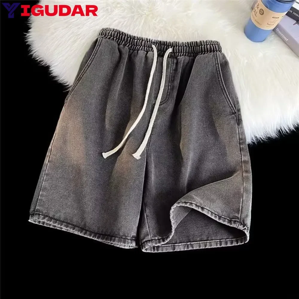 

Джинсовые шорты мужские летние повседневные эластичные талии свободные синие джинсовые шорты мешковатые Harajuku уличная одежда хип-хоп короткие брюки джинсы мужские