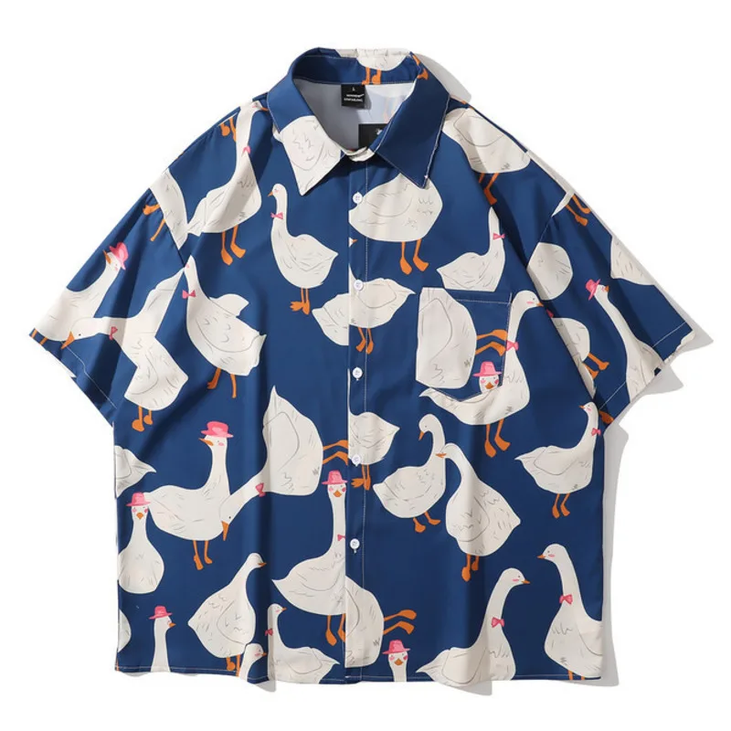 2024 Summer Cartoon Shirt Top Women Kawaii Cartoon Goose Print Short Sleeve Shirts Hawaii Beach Couples Cute Button Up Blouse