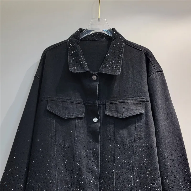 DEAT Women Denim Coat Turn-down Collar Full Diamonds Hot Rhinestone Black Loose Single Breasted Jackets 2024 Summer New Fashion