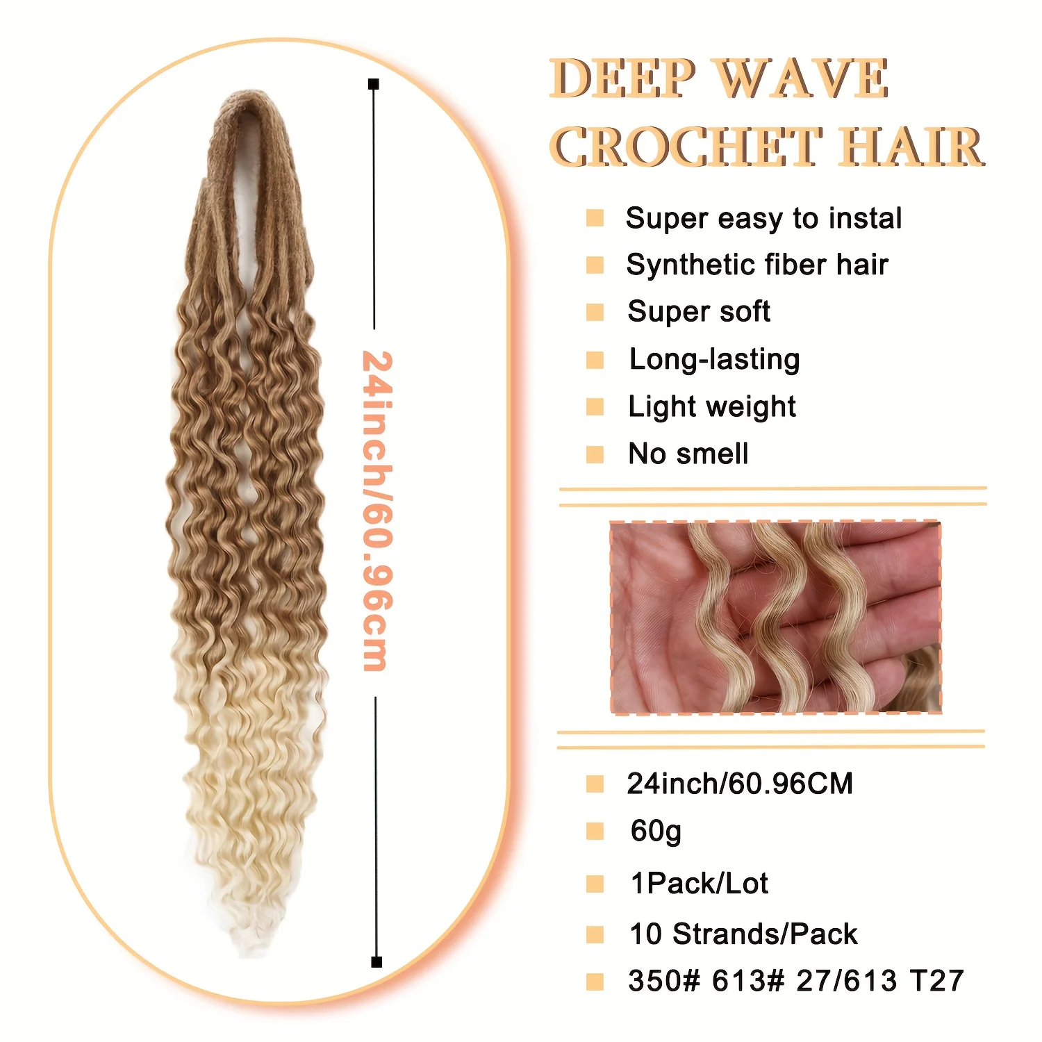 1Pack Ocean Wave Crochet Hair, 24Inch Bohemian Deep Wave Synthetic Curly Crochet Hair Extensions (613#, 350#, T27, 27/613)