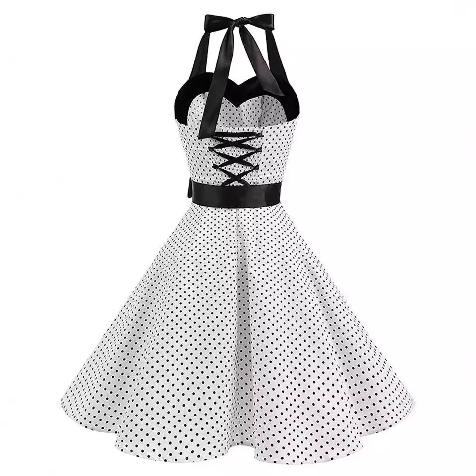 New European and American Polka Dot Dress with Strapless Waist and Large Swing Skirt, Slim Fit Retro Hanging Neck Medieval Dress