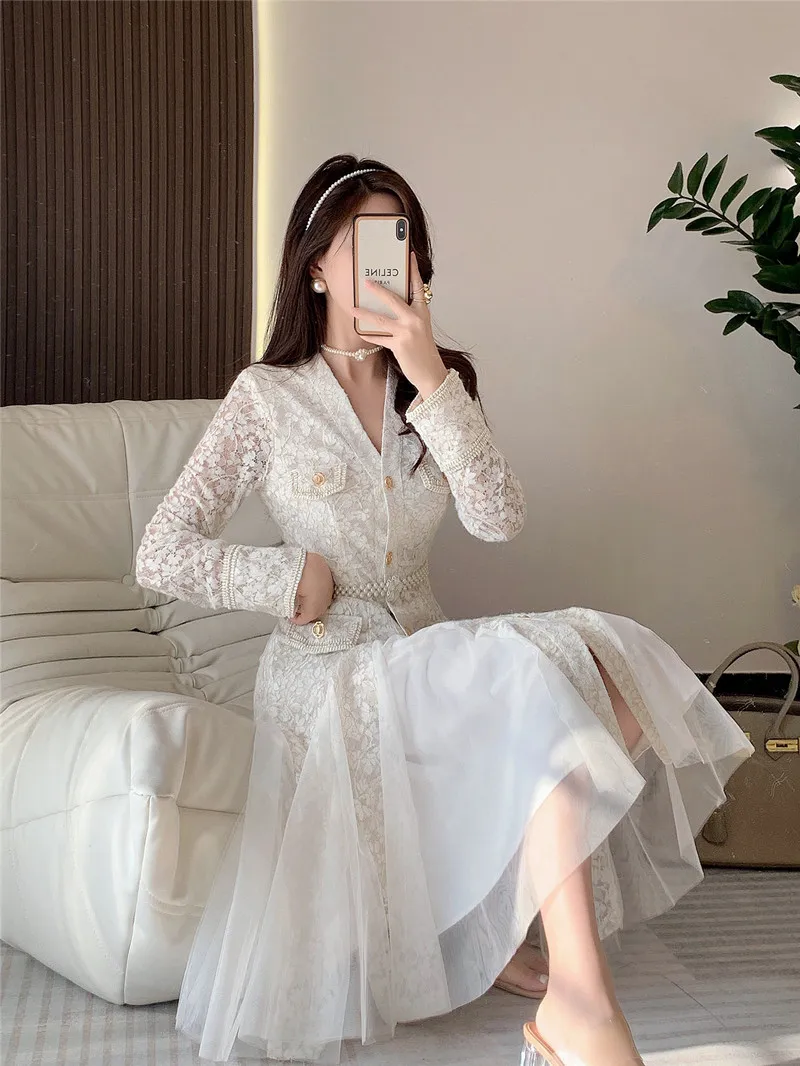 High Quality V-Neck Solid Lace Dress Women Spring Fall Long Sleeve Mesh Ruffles Patchwork Wedding Party Dress With Crystal Belt