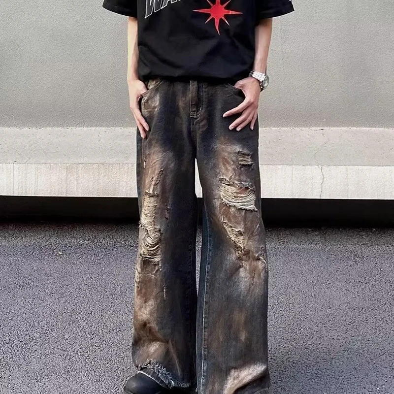 WTHT Vintage Heren Tie-dye Gat Burr Edge Doen Oude Denim Broek Mode Amerikaanse Stijl Rechte Wijde Pijpen Jean Mannelijke 2025 Zomer 2A1116