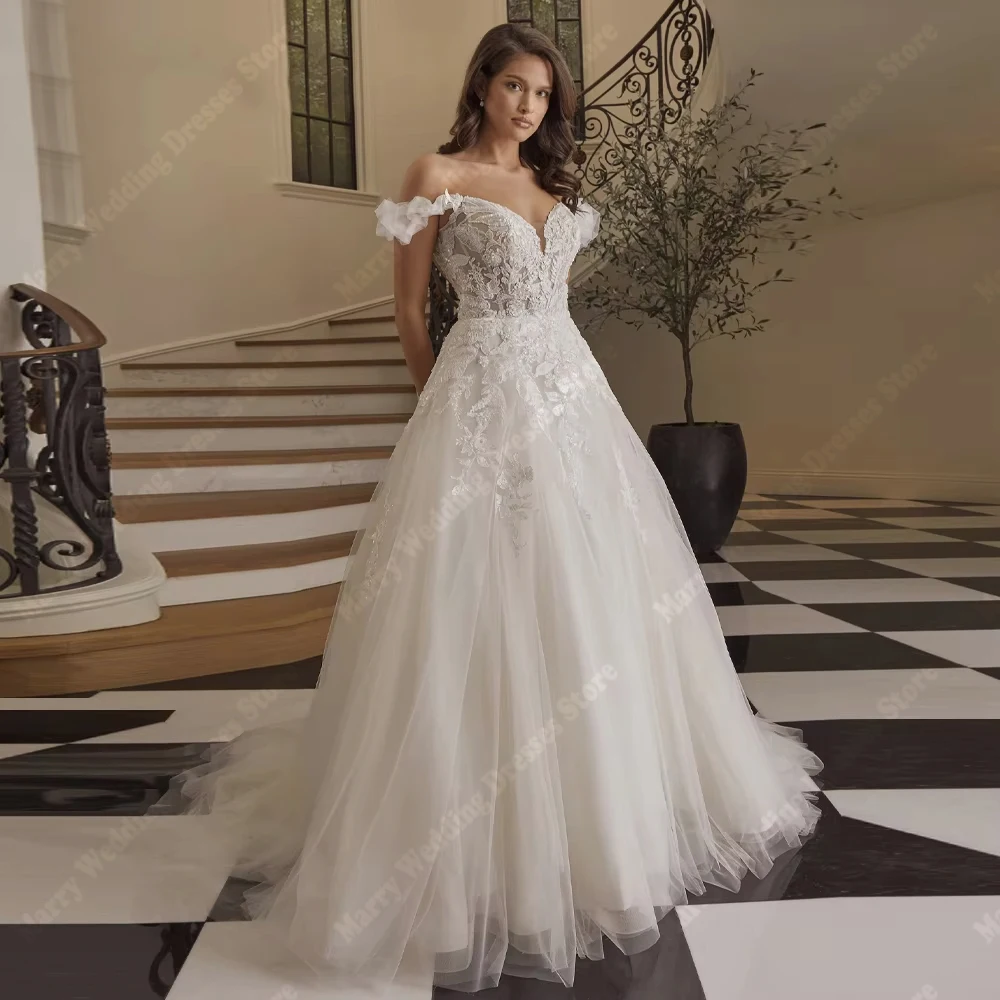 

Sweetheart Collar A-Line Women Wedding Dresses Beautiful Lace Print Bridal Gowns Princess Banquet Vestidos De Novias Customized