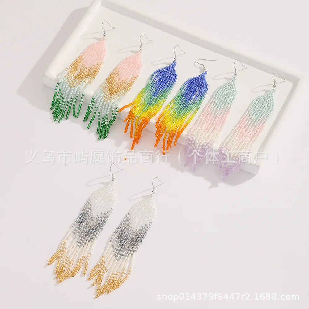 Rice bead earrings Tassel Gradient Originality Hand knitting Bohemia Alloy Fashion Simple Beaded earrings