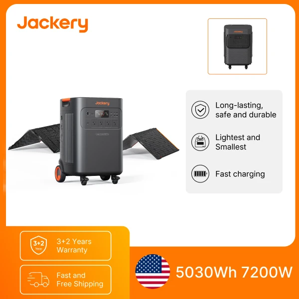 Jackery E5000AC Plus 5035Wh Portable Power Station, 7200W LiFePO4 Solar Generator with 500W Solar Panel and Protective Cover for Home Backup, Off-Grid RV Camping