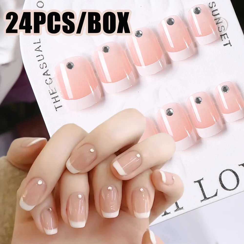 24Pcs/Set Short Ballet Pink French False Nail with Rhinestones White Edge Full Cover Wearable Fake Nail Daily Wear Press on Nail