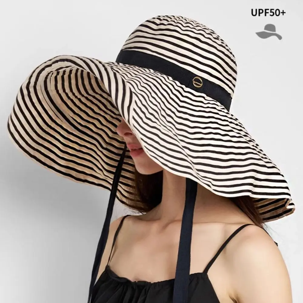 with Windproof Strap Women Striped Fisherman Hat Solid Color versized Sunshade Hat Foldable Wide Brim Bucket Hat Outdoor