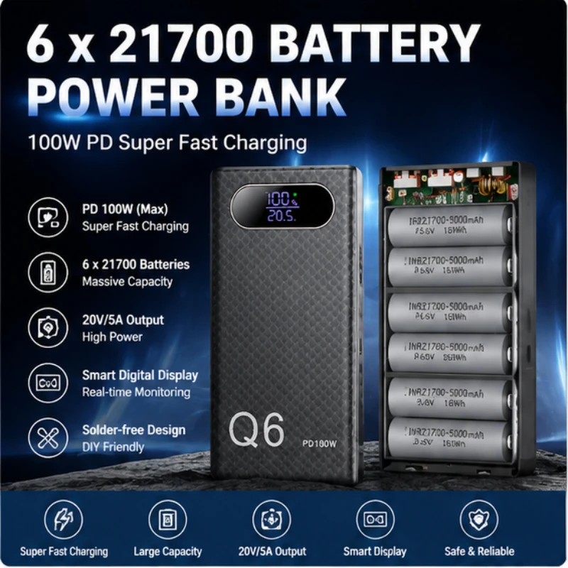 6-cell 21700 Battery PD100W Fast Charging 20V5A Power  Bank Shell Detachable Mobile Power  Supply  Without Welding Kit