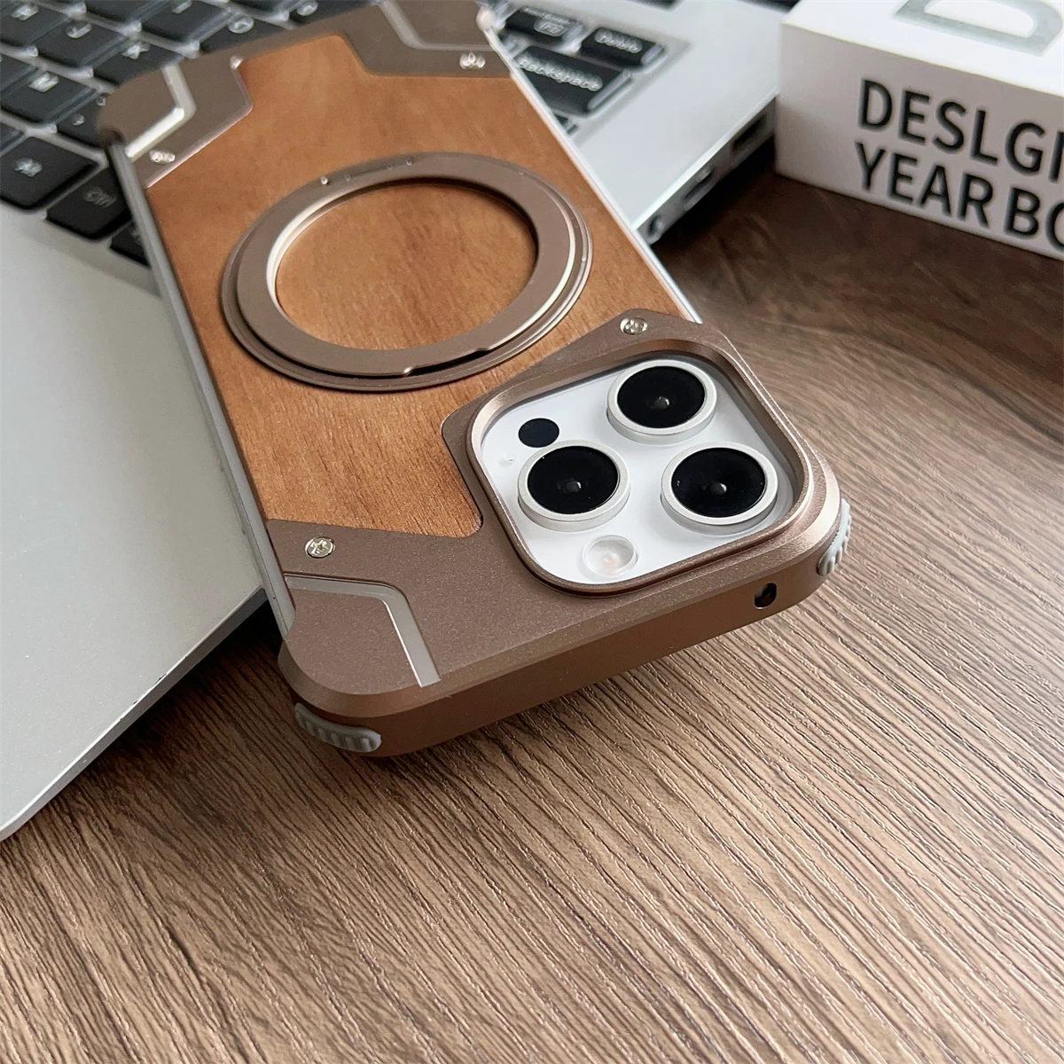 Aluminum Alloy Frameless Magnetic Holder MagSafe Phone Case For iPhone 16 13 14 15 Pro Max Plus Metal Frame Walnut Bumper Cover