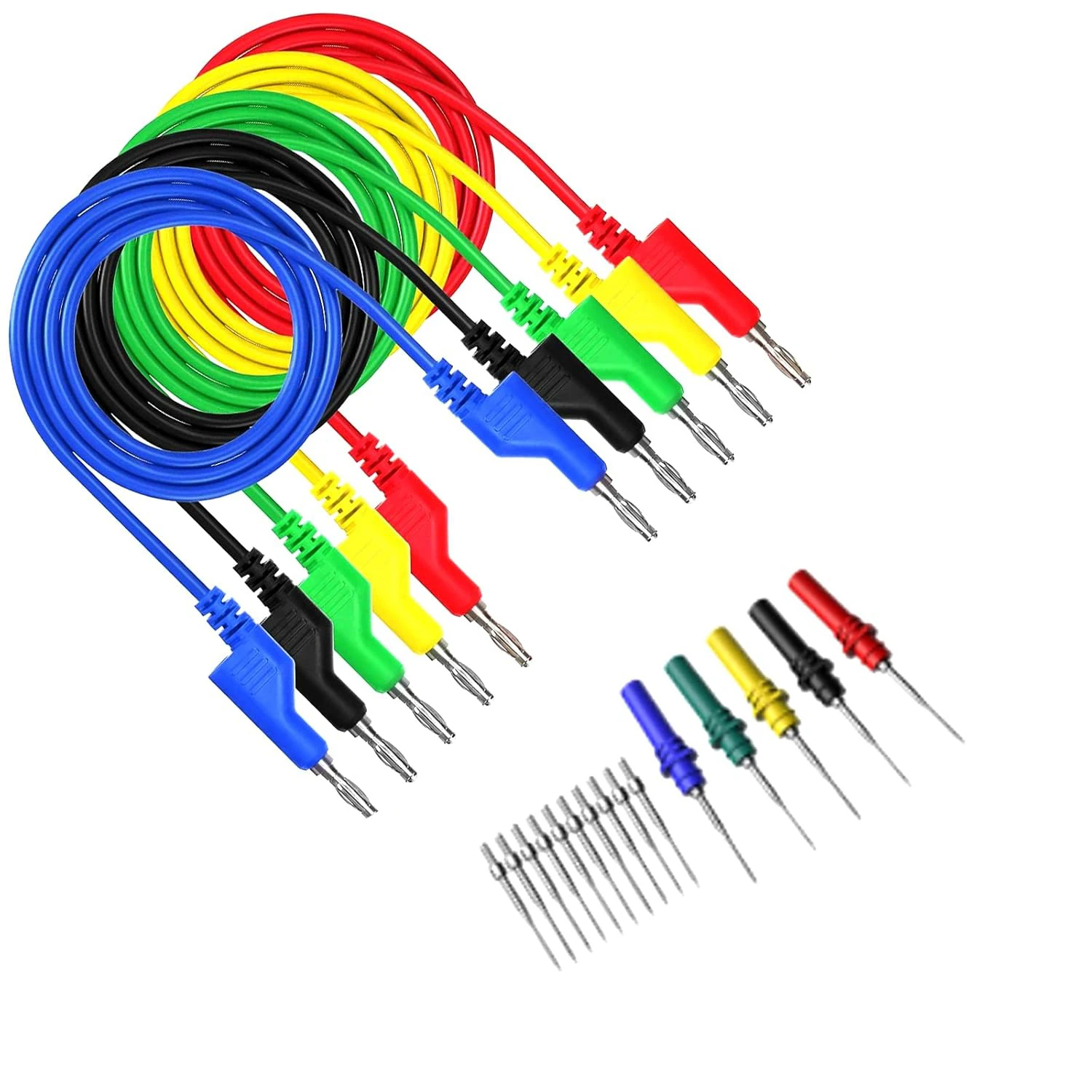 Kit de 5 câbles de test en silicone avec fiches banane mâles, 5 couleurs, et 15 sondes automobiles pour multimètre