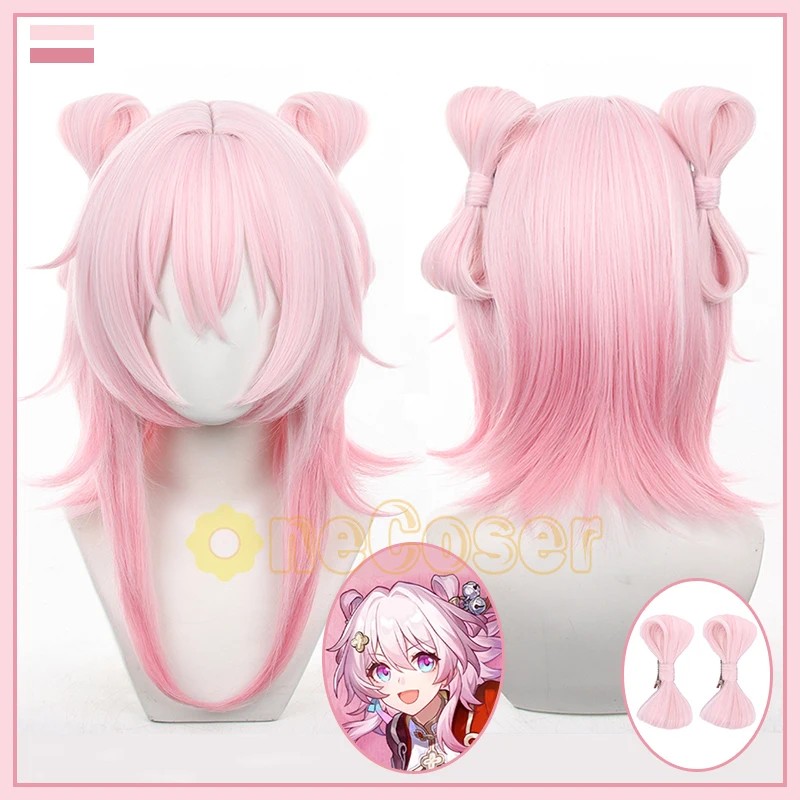 March 7th Cosplay Wig Game Honkai Star Rail Pink Gradient Bow Hair Astral Express Heat-resistant Fiber Hair Free Wig Cap Girls