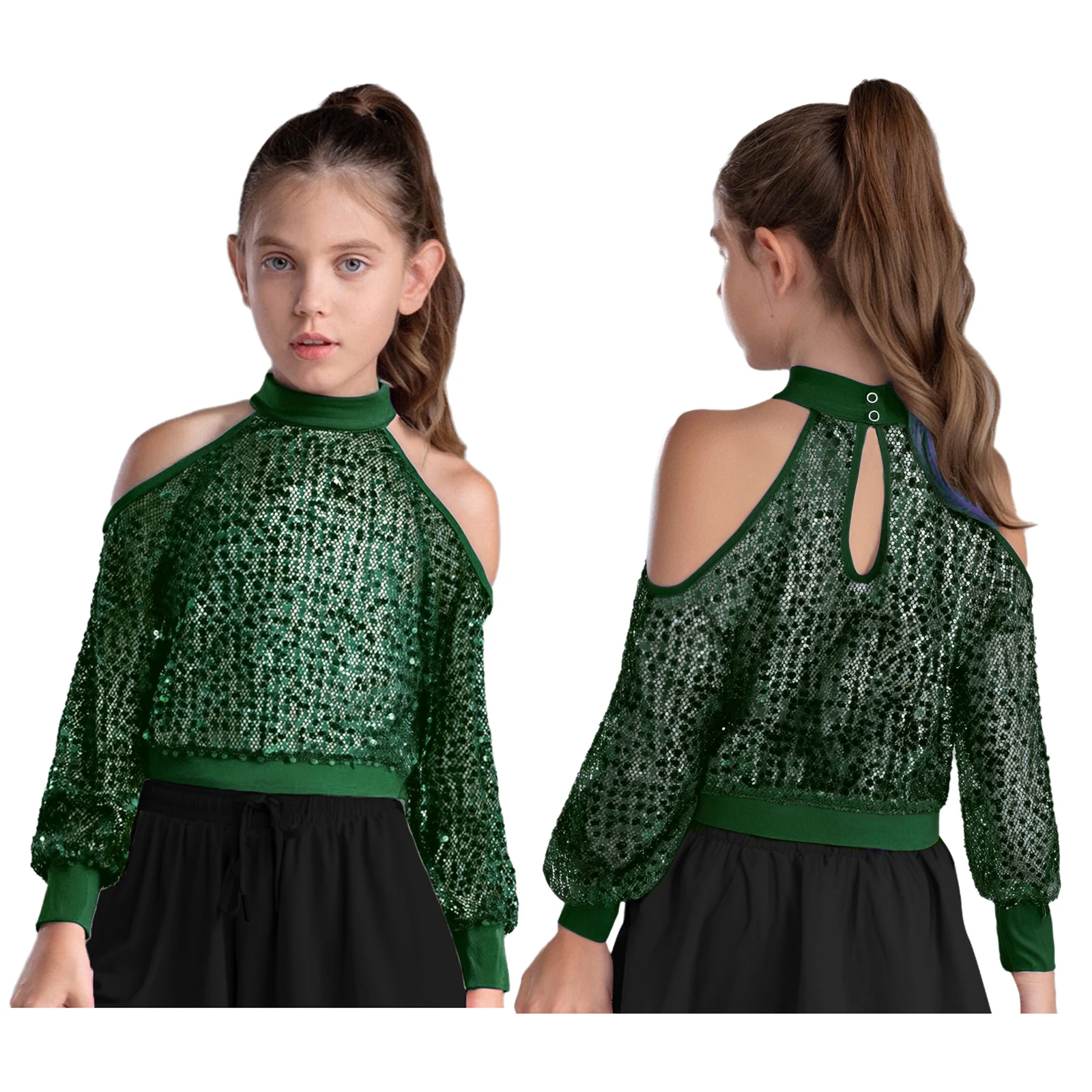 

Girls Cold Shoulder Hollow Out Mesh Blouse Long Sleeve Keyhole Back Shiny Sequins Crop Top for Jazz Hip Hop Dance Performance