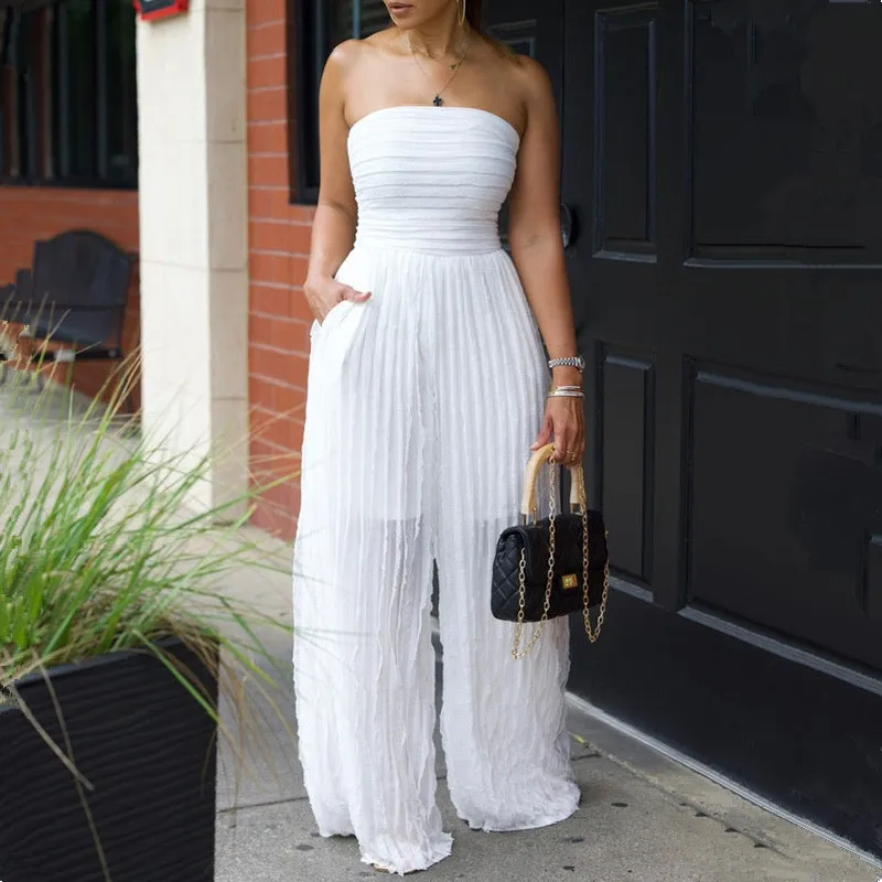 

Sexy Women Summer Jumpsuits Ruffles Strapless High Waist Wide Leg Jumpsuits Female Leisure vacation party