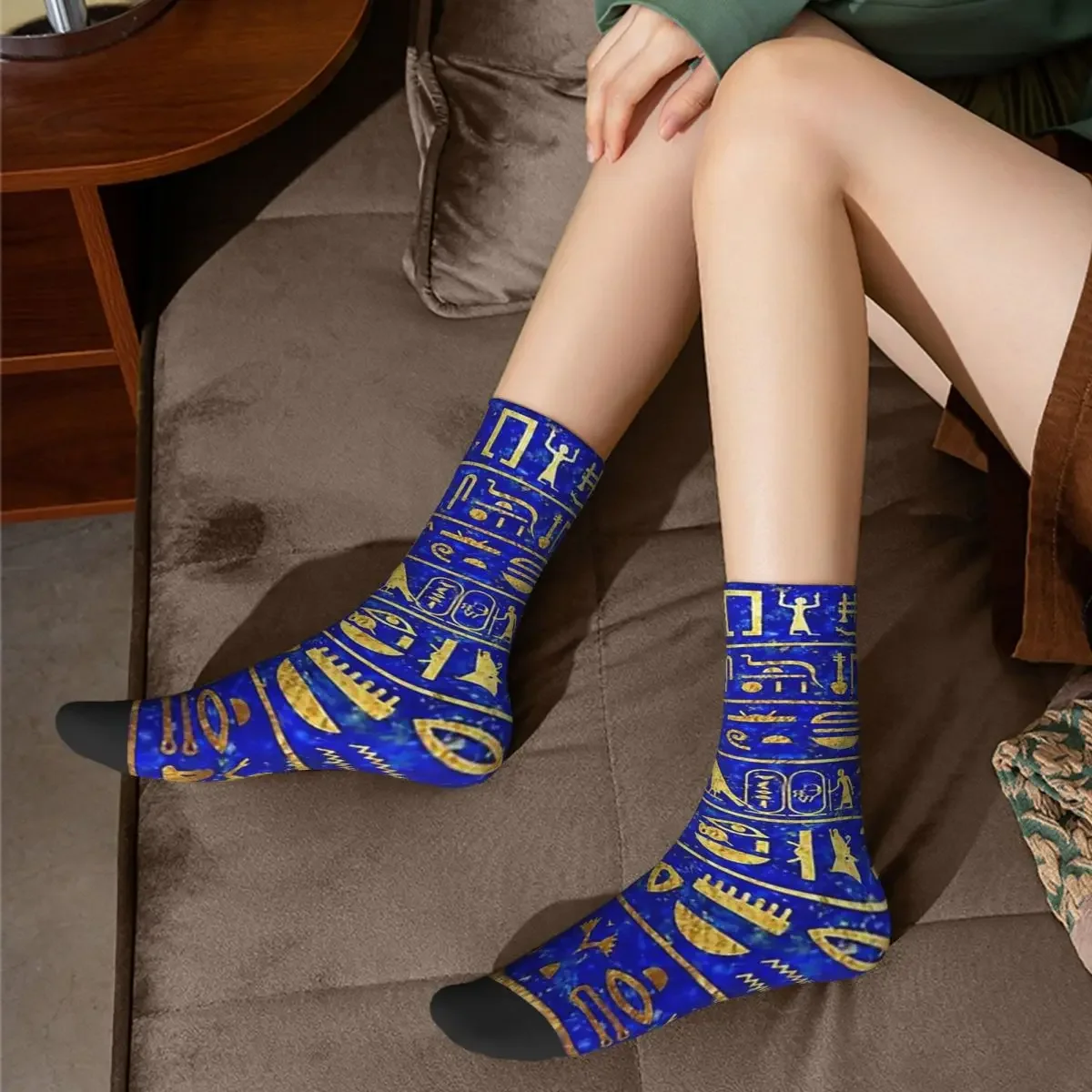 Blue Lapis And Gold Hieroglyphics Men's Socks Ancient Egypt Egyptian Unisex Harajuku Pattern Printed Crazy Crew Sock Gift