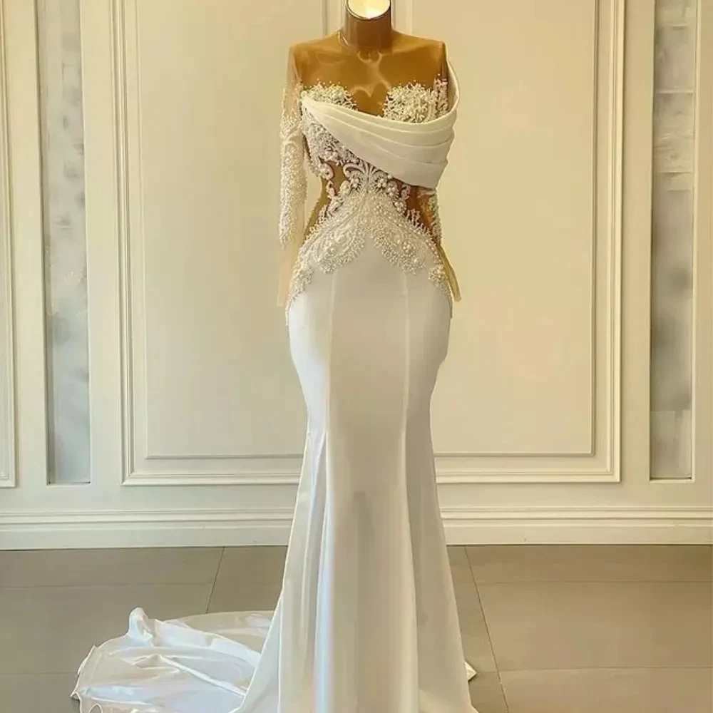 Vestido De Novia Mermaid White Wedding Dresses For Bride Long Sleeve Lace Applique Pearls Beaded Bridal Gowns Robe De Mariage