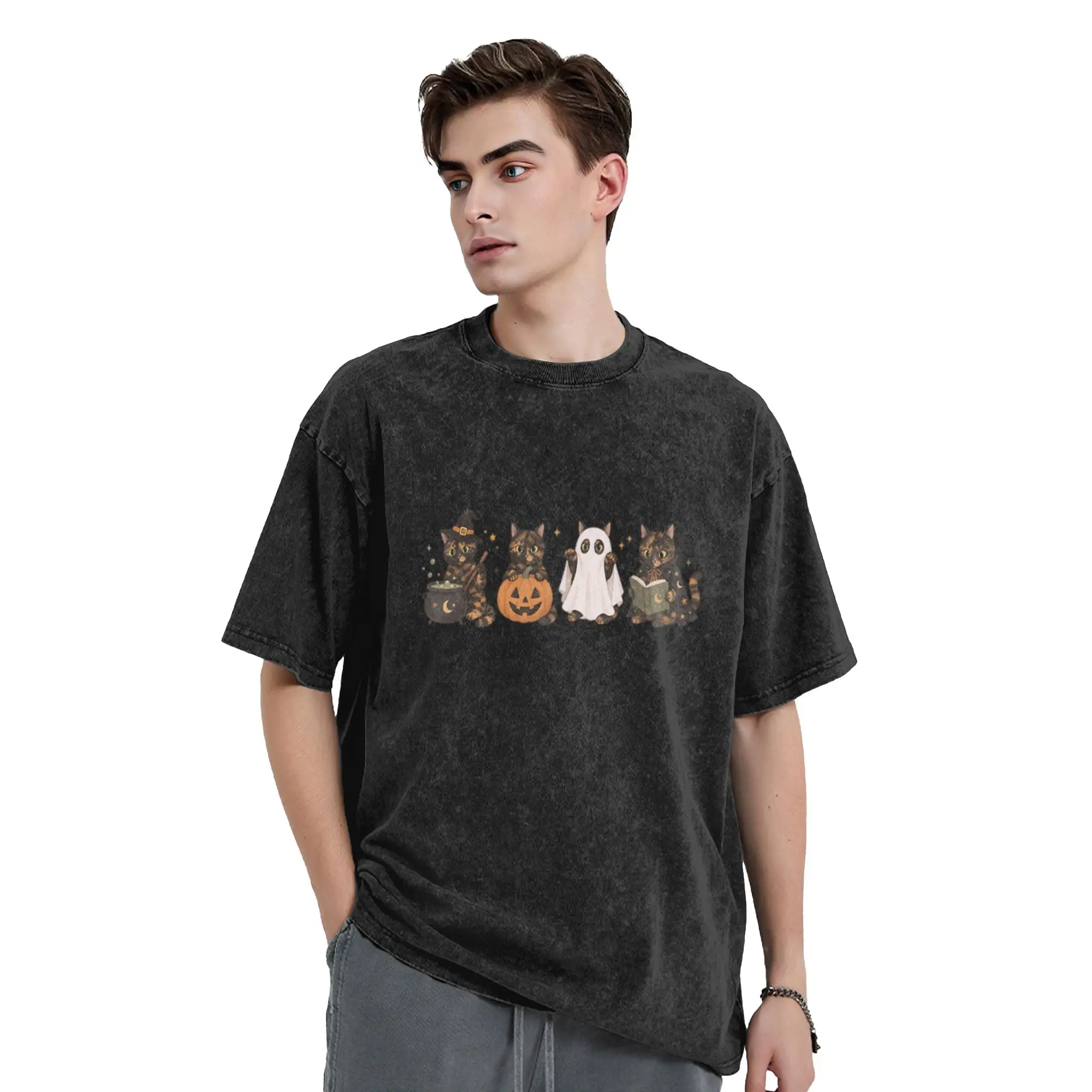 Spooky Halloween Cute Ghost Tortoiseshell Cat Lover  Unique Cool A Vintage Oversized Cotton Unisex T-Shirts