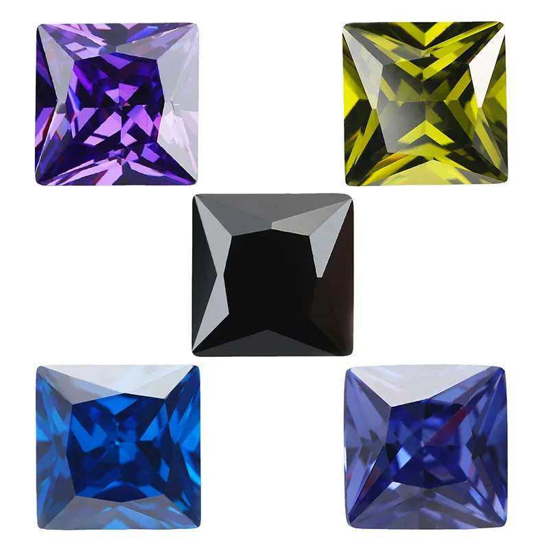 Princess Cut Cubic Zirconia Stone Tanzanite Violet Deep Sea Blue Black Olive Green Mix 5 Color 5A Loose CZ Stones Synthetic Gems