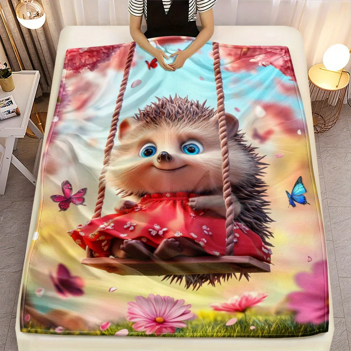 Cute Hedgehog on Swing Floral Blanket Flannel Soft Throw Pillow Cover Home Decor Gift for Kids and Adults Cozy Bedding Winter