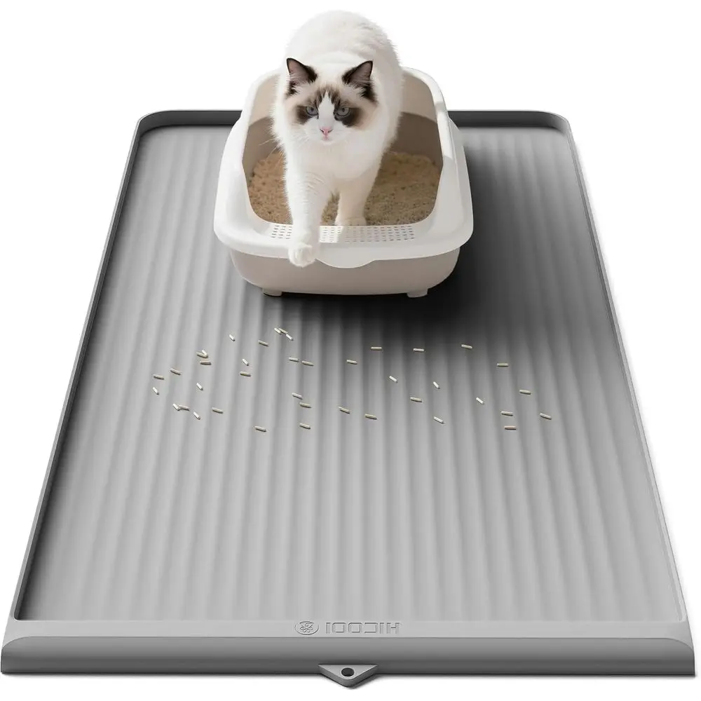 Large Silicone Litter Box Mat with Raised Edges, Waterproof, Easy Clean, Grey, 36x24 Inches