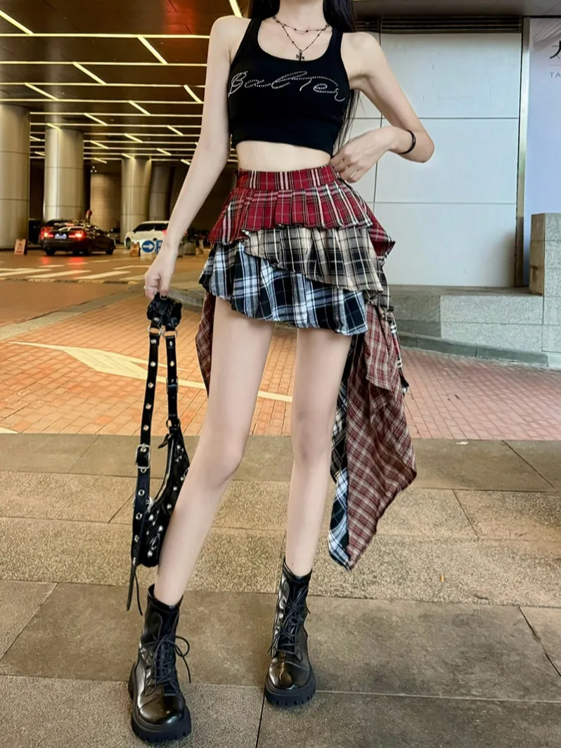 American Street Punk Rock Retro Plaid Pleated Short Skirt Women's Summer 2024 High Waist Irregular Patchwork Hot Girl Y2K Skirt