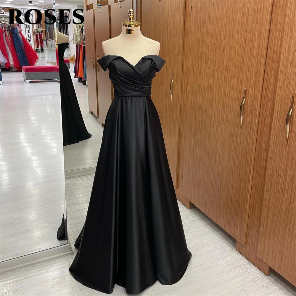 

ROSES Off The Shoulder Woman Evening Dress Gown Black Ball Gown A Line Stain Pleat Night Dresses Gown Custom robes de soirée