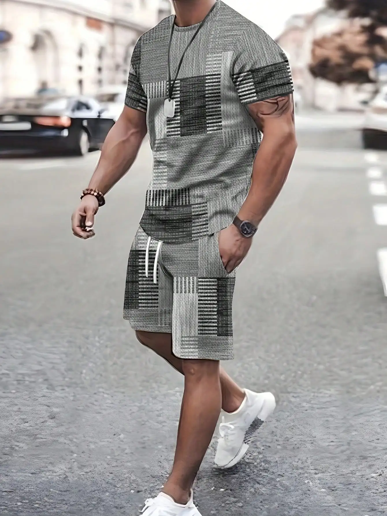 Men's Summer Plaid Printed Crew Neck Short-sleeved Casual T-shirt and Drawstring Waist Casual Shorts Set