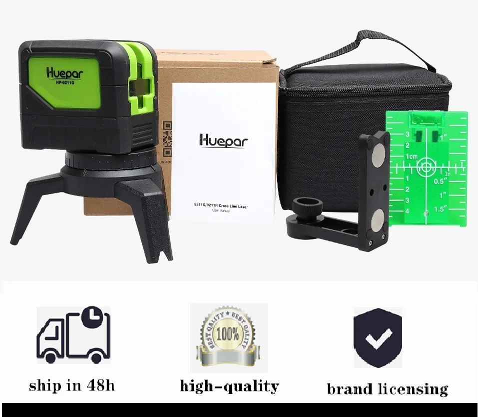 

Huepar Cross Line Laser Level 9211R with 2 Dots 180/110 degree Vertical Horizontal Self-leveling Red Laser Beams /Laser Level