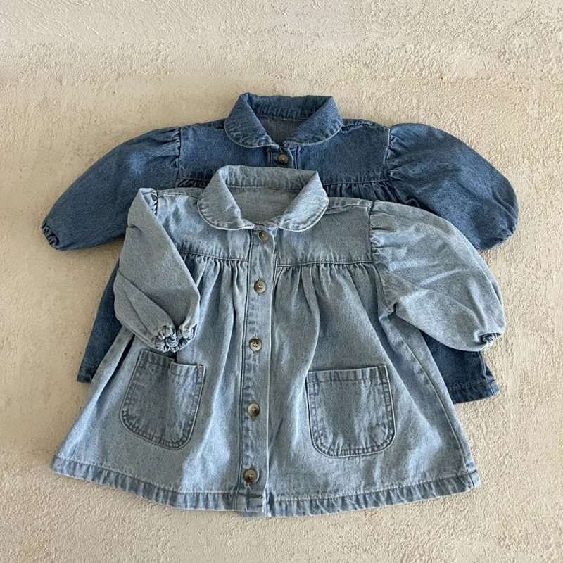 

2025 Autumn New Girls Denim Cardigan Baby Girl Cute Peter Pan Collar Puff Sleeve Shirts Infant Toddler Coat Kids Loose Jacket