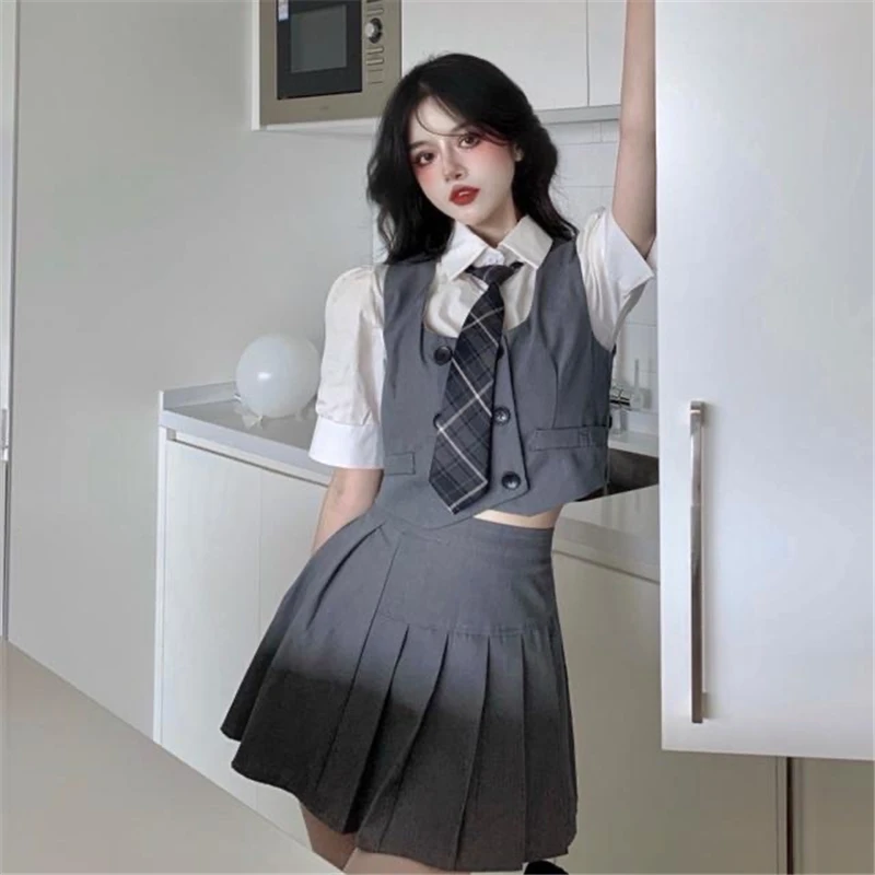 American Hot Girl Style High Waist Pleated Skirt Sets A line JK Uniform Suitd Short-sleeved Shirt and Tie Vest Female Summer