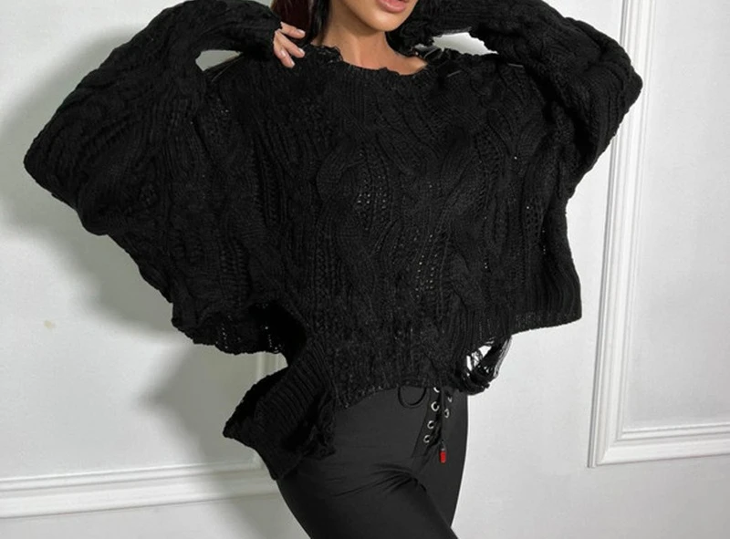 2025 خريف شتاء جديد الجوف خارج ممزق تصميم سترة فضفاضة طويلة الأكمام تريكو