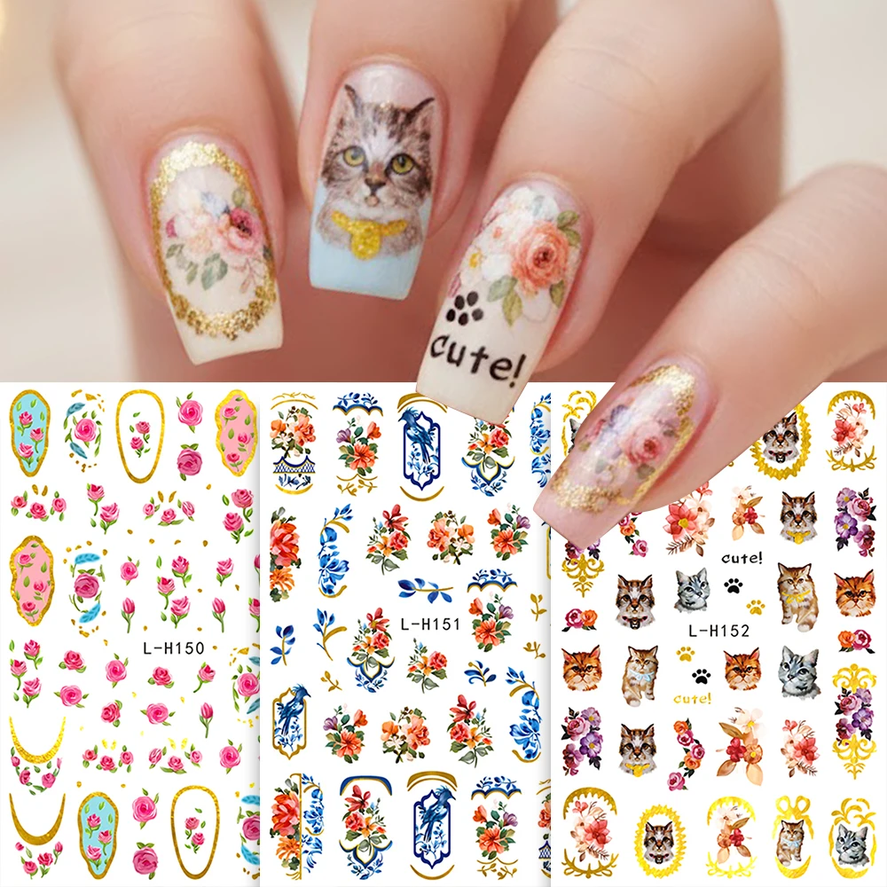 3er-Set Palast-Stil Rosen-Katzen 3D Nagelkunst-Sticker Blumen Kätzchen Goldrahmen Florale Vintage Nagel-Aufkleber Selbstklebend DIY Maniküre Deko