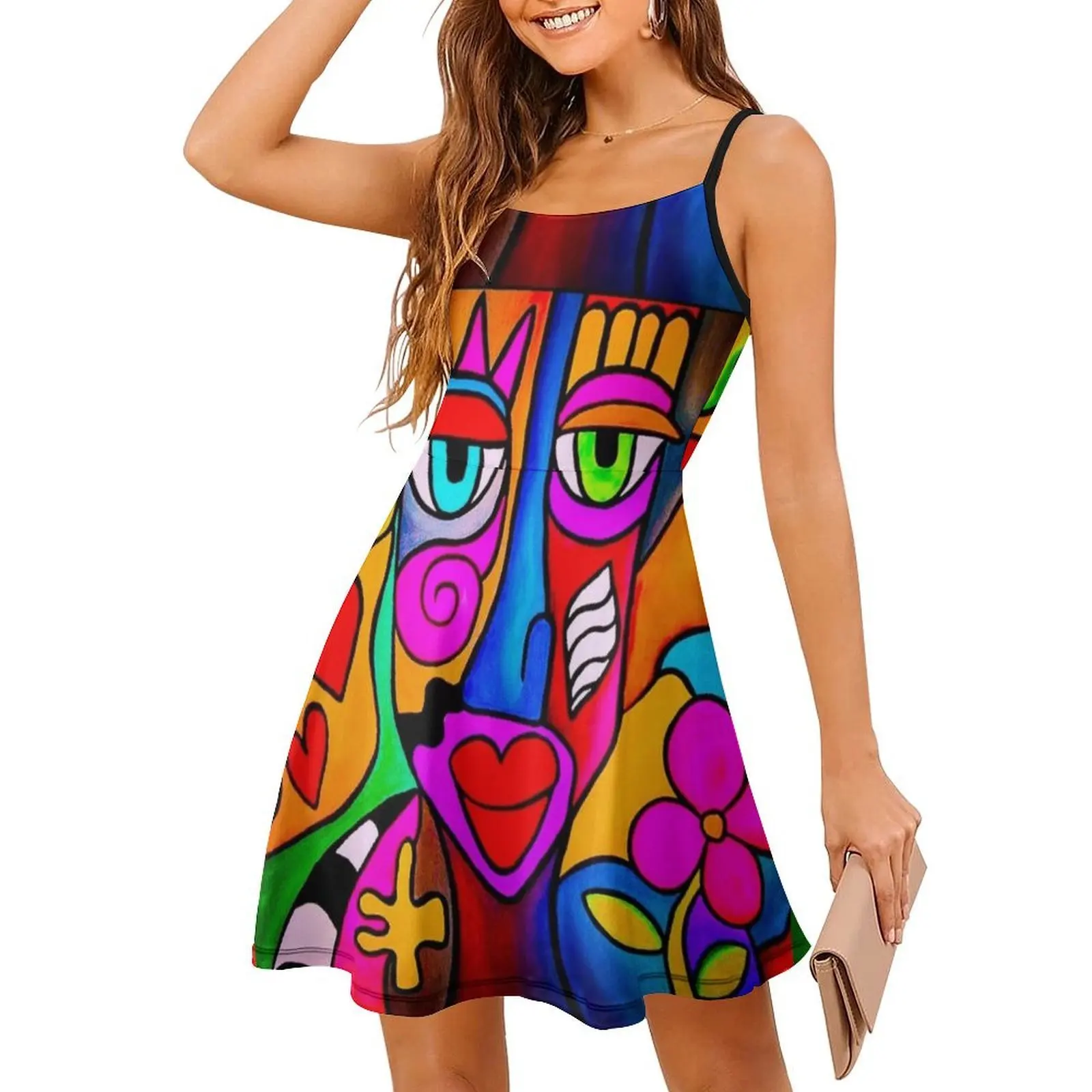 Sukienka w stylu koreańskim Funky Face dla kobiet, prosta, codzienna, do biura, jaskrawe, kolorowe, zabawne wzory kwiatowe i serca, funky, kobieca.