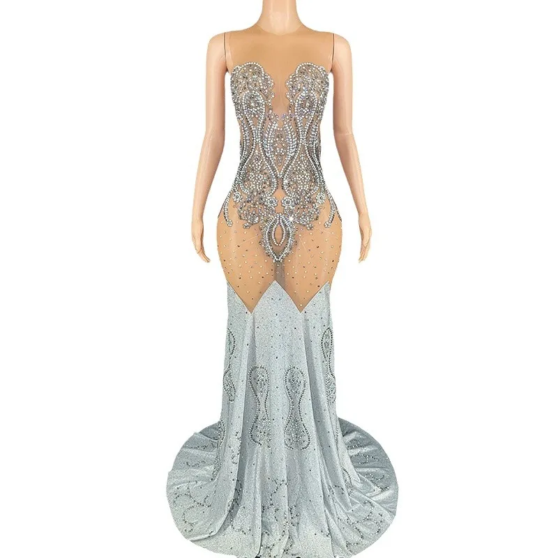 

New Arrival Bright Crystal Sequins Elegant Fishnet Off-Shoulder Sleeveless Long Wedding Dress For Ladies Women Vallentain Dress