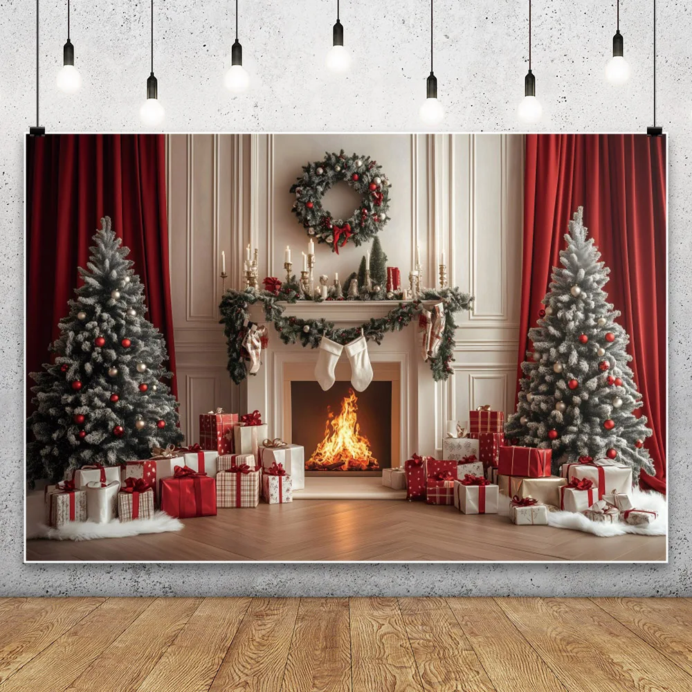 Merry Christmas Photography Backdrop Xmas Tree Fireplace Santa Gift Socking Family Baby Portrait Background Decor Photo Studio