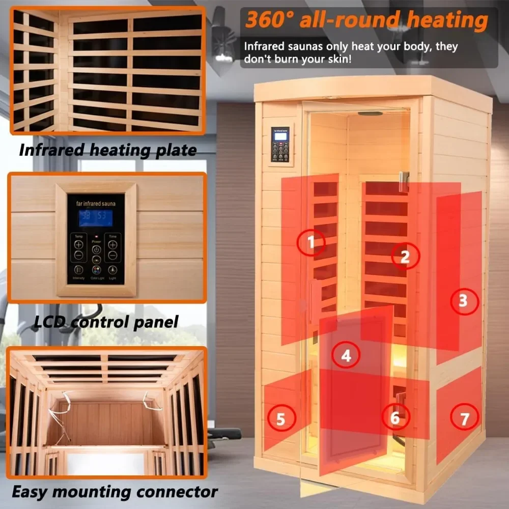 Sauna na podczerwień o niskiej zawartości EMF dla 1 osób, drewniana sauna dalekiej podczerwieni Hemlock do domu, 1460 W z głośnikami Bluetooth, sauna wewnętrzna