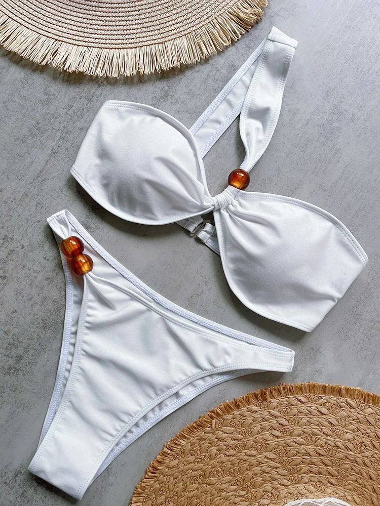 Sexy Solid Single Shoulder Bikini 2 Piece Set Women Split Swimsuit High Waist Beach Bikini 2025 New Summer Swimwear Bikinis Set