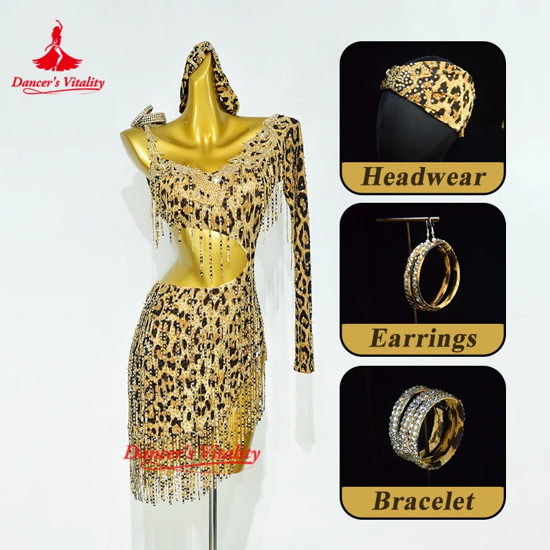 

Female Leopard Print Single Long Sleeve Chacha Jive Samba Dress Adult Latin Dance Contest Clothing Customized Dancer's Vitality