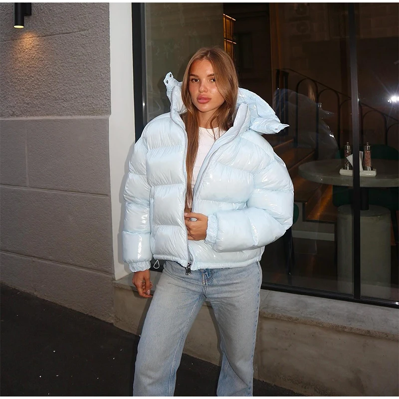 Chic Reflective Fabric Lace Up Hooded Cotton Jacket Women Stand Collar Full Sleeve Zipper Warm Overcoat 2026 Winter Lady Outwear